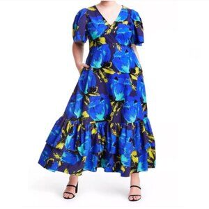 Christopher John Rogers x Target blue floral ruffle skirt maxi dress 24/26
